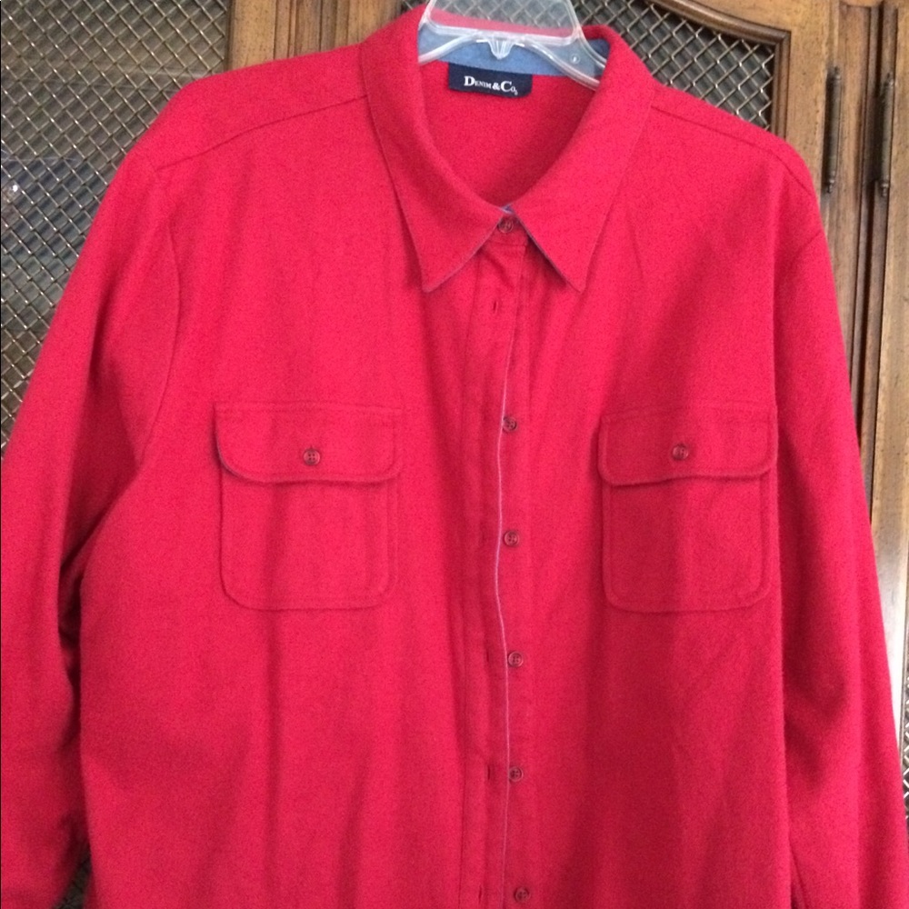 Denim & Co. red flannel shirt.